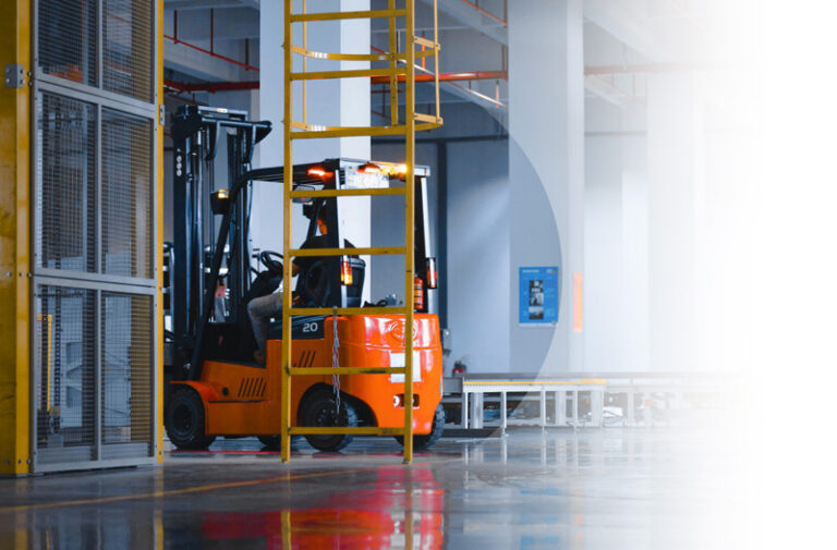 Commercial Insurance example. Img: Warehouse image, focused on an orange forklift.